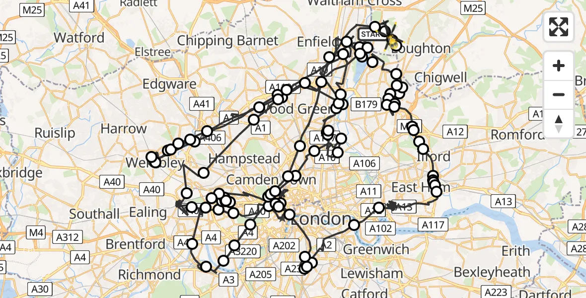 Flight route map: Police Helicopter to Sewardstonebury, Blind Lane