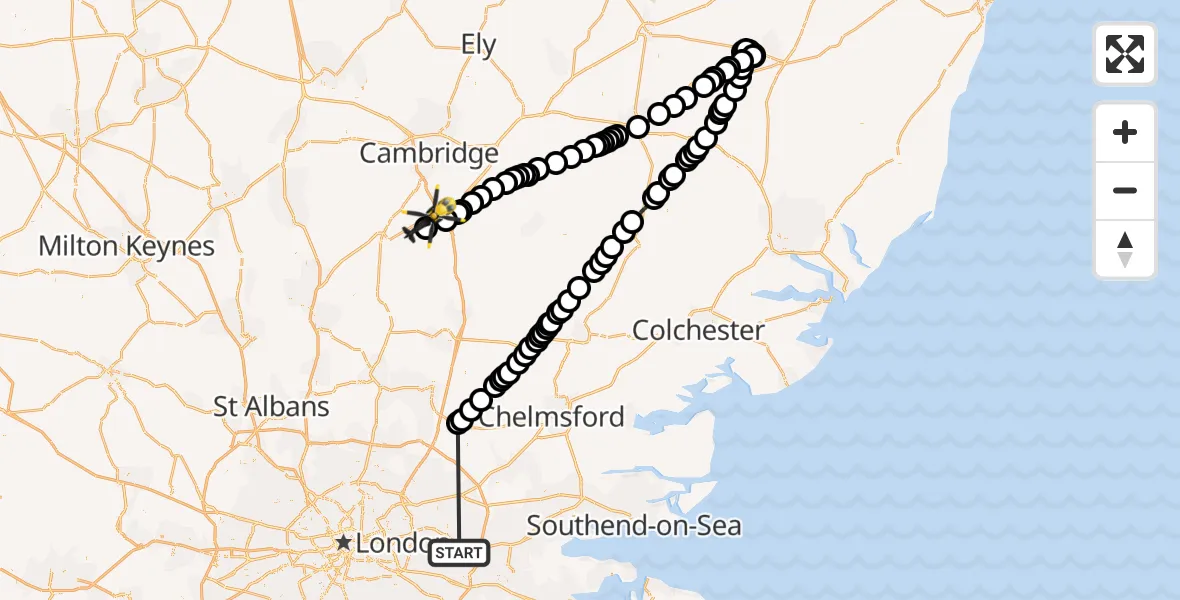 Flight route map: Police Helicopter to Duxford, Royston Road