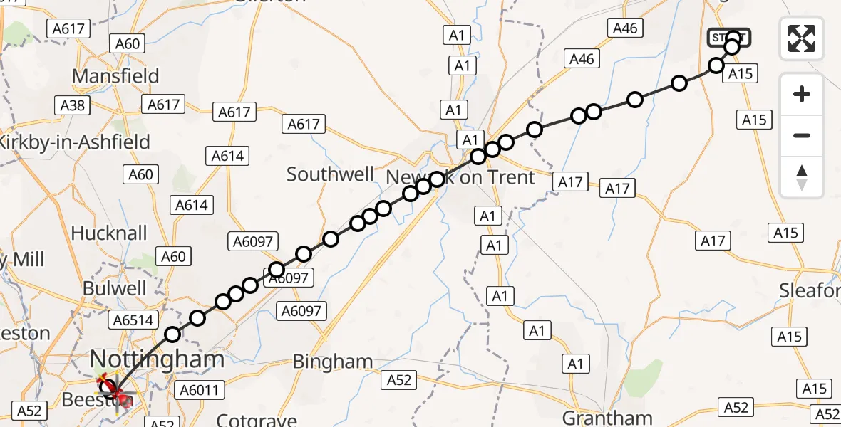 Flight route map: Air Ambulance Helicopter to Beeston, Summer Crescent