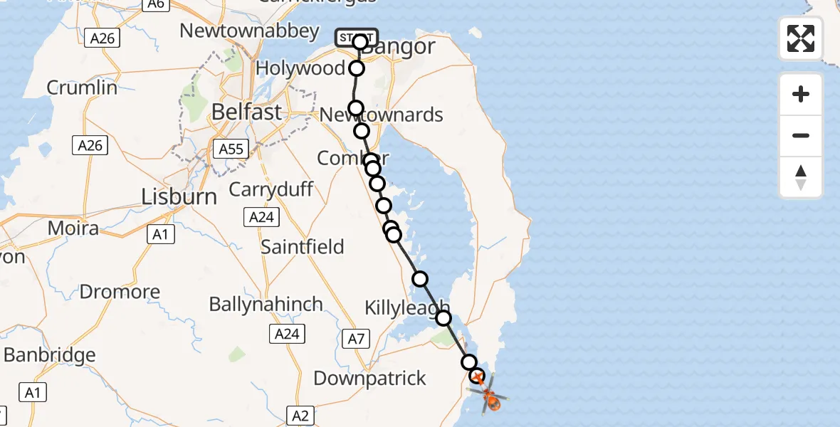 Routekaart van de vlucht: Coastguard Helicopter to Ards and North Down District Council, Clandeboye Avenue