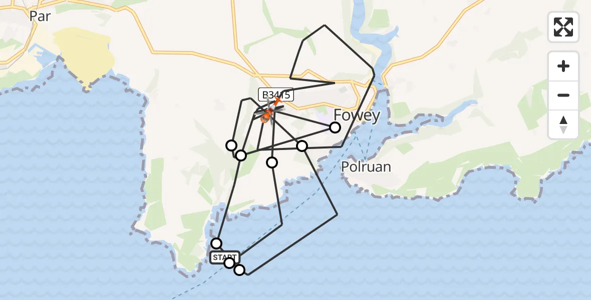 Flight route map: Coastguard Helicopter to Fowey, Lankelly Lane