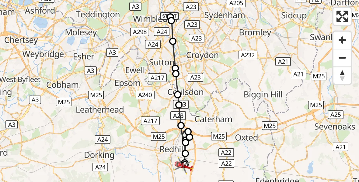 Flight route map: Air Ambulance Helicopter to Redhill Aerodrome, Redhill Aerodrome