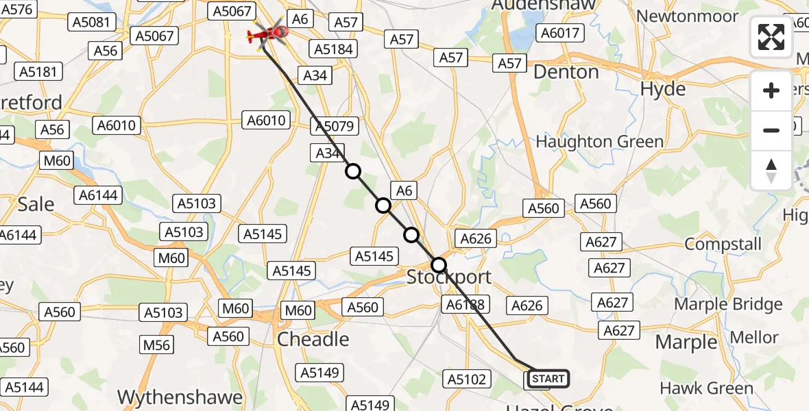 Flight route map: Air Ambulance Helicopter to Manchester, Oxford Road