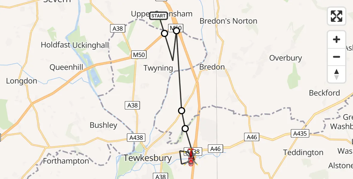 Flight route map: Air Ambulance Helicopter to Tewkesbury, Ashchurch Road