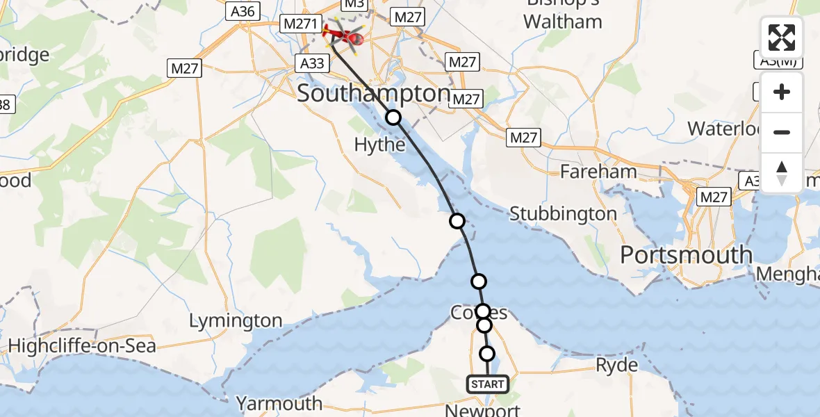 Flight route map: Air Ambulance Helicopter to Southampton, Jex Blake Close