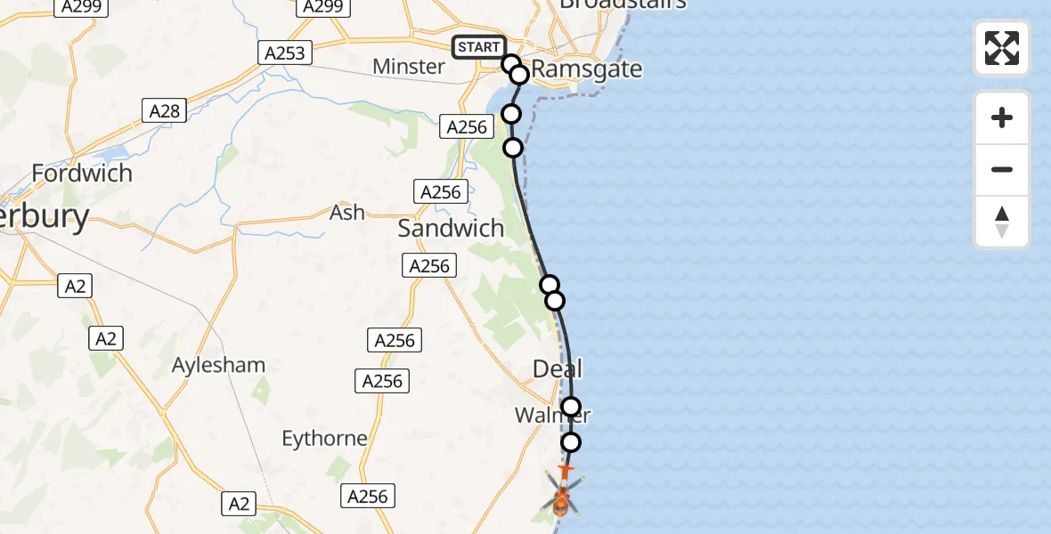 Flight route map: Coastguard Helicopter to North Sea, North Sea