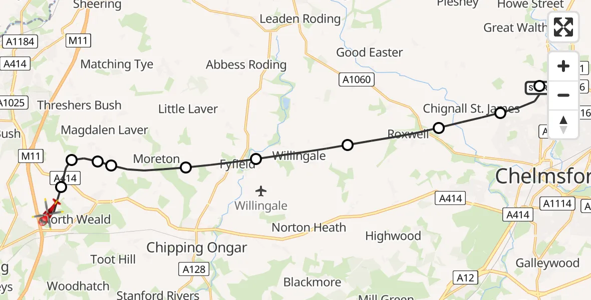 Routekaart van de vlucht: Air Ambulance Helicopter to North Weald Airfield, North Weald Airfield