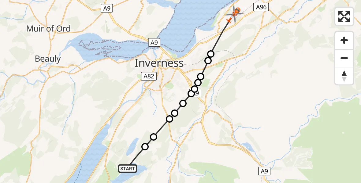 Routekaart van de vlucht: Coastguard Helicopter to Inverness, Woodend Road