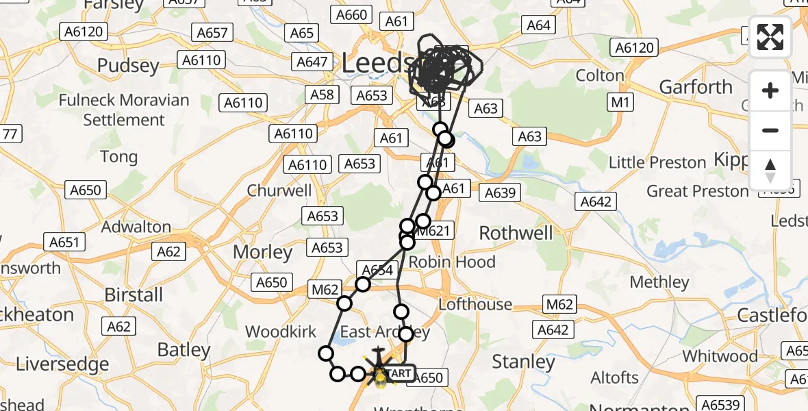 Flight path map showing Police Helicopter route from Wakefield to Wakefield