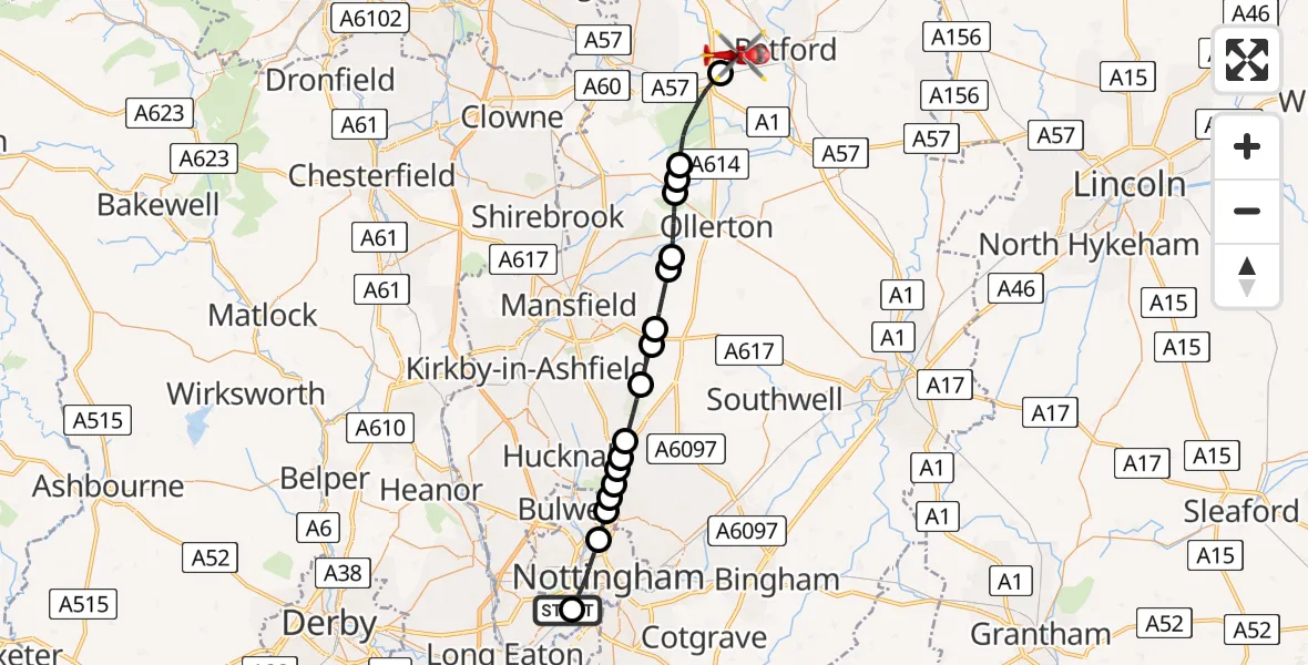 Flight route map: Air Ambulance Helicopter to Ranby, Beechwood Drive
