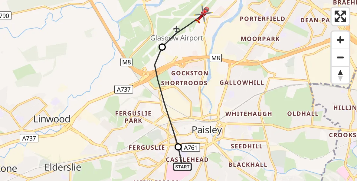 Flight route map: Air Ambulance Helicopter to Glasgow Airport, Glasgow Airport