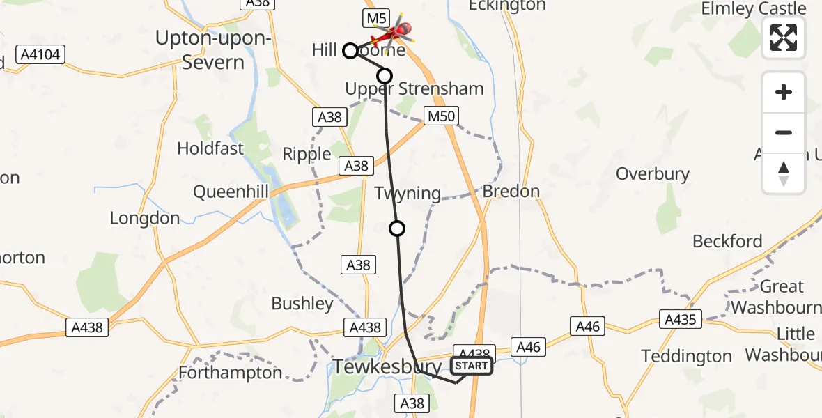 Flight route map: Air Ambulance Helicopter to Kinnersley, M5