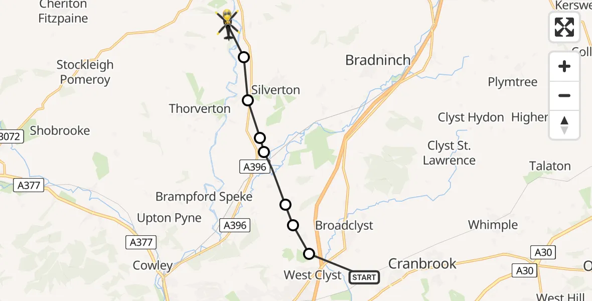 Flight route map: Police Helicopter to Mid Devon, Stone Lane