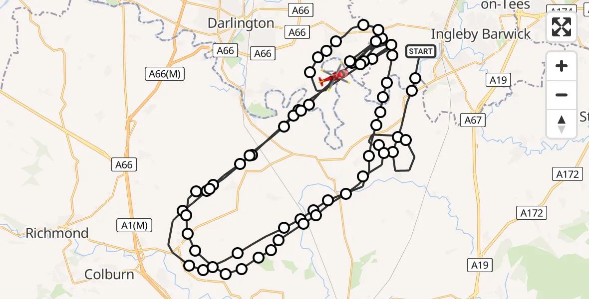 Flight route map: Air Ambulance Helicopter to Neasham, Neasham Hill