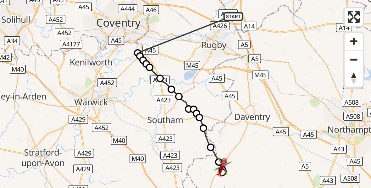 Routekaart van de vlucht: Air Ambulance Helicopter to Byfield, Woodford Road