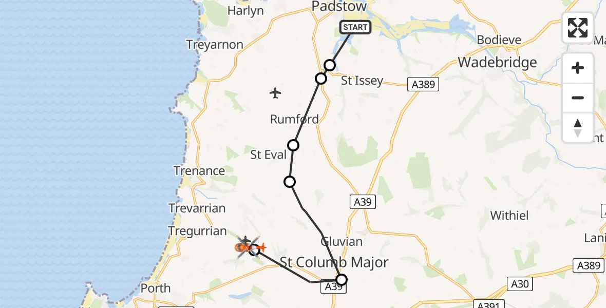 Flight route map: Coastguard Helicopter to Cornwall Airport Newquay, Cornwall Airport Newquay