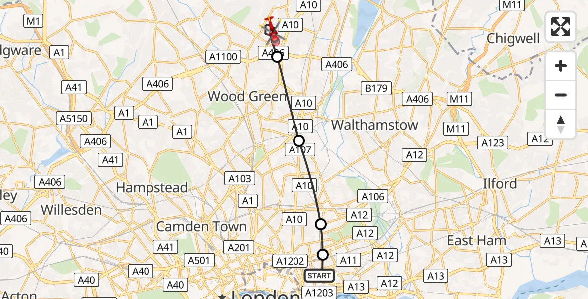 Flight route map: Air Ambulance Helicopter to London Borough of Enfield, Barrowell Green