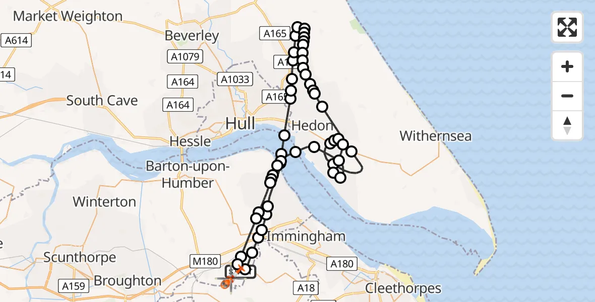 Flight route map: Coastguard Helicopter to Humberside Airport, Humberside Airport
