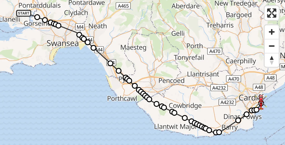 Flight route map: Air Ambulance Helicopter to Cardiff Heliport, Cardiff Heliport