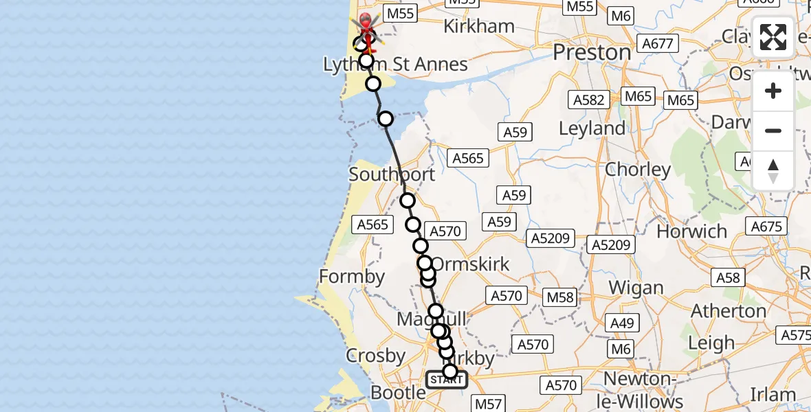 Flight route map: Air Ambulance Helicopter to Blackpool Airport, Blackpool Airport