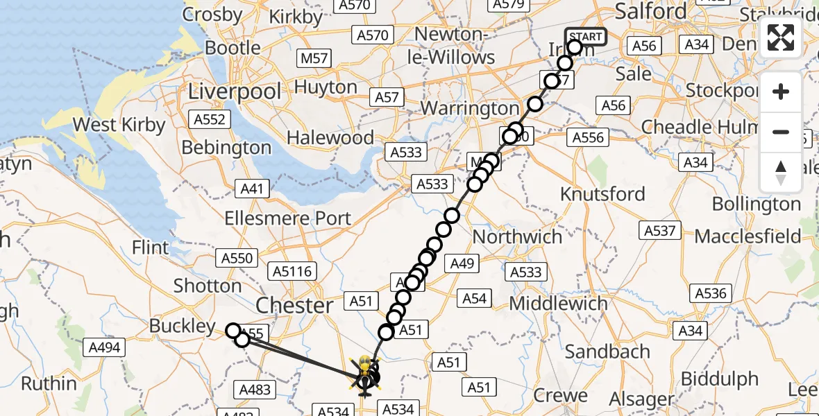 Flight route map: Police Helicopter to Tattenhall, High Street