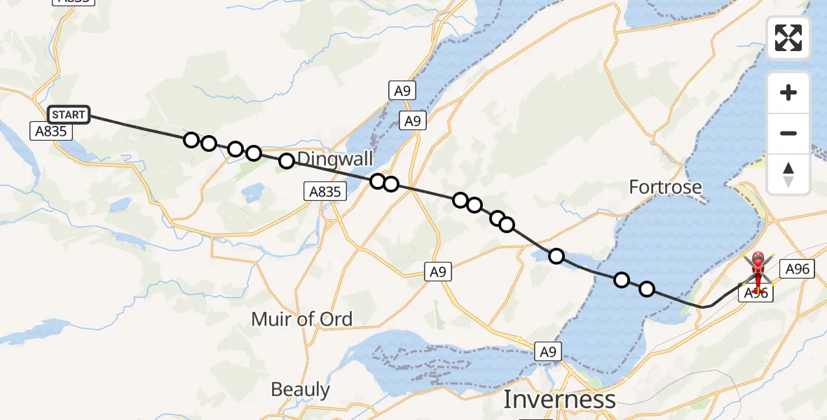 Flight route map: Air Ambulance Helicopter to Inverness Airport, Inverness Airport