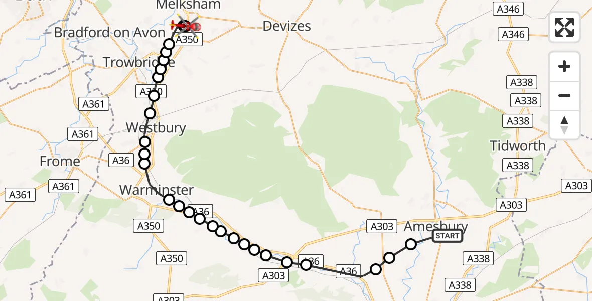 Flight route map: Air Ambulance Helicopter to Trowbridge, Trowbridge