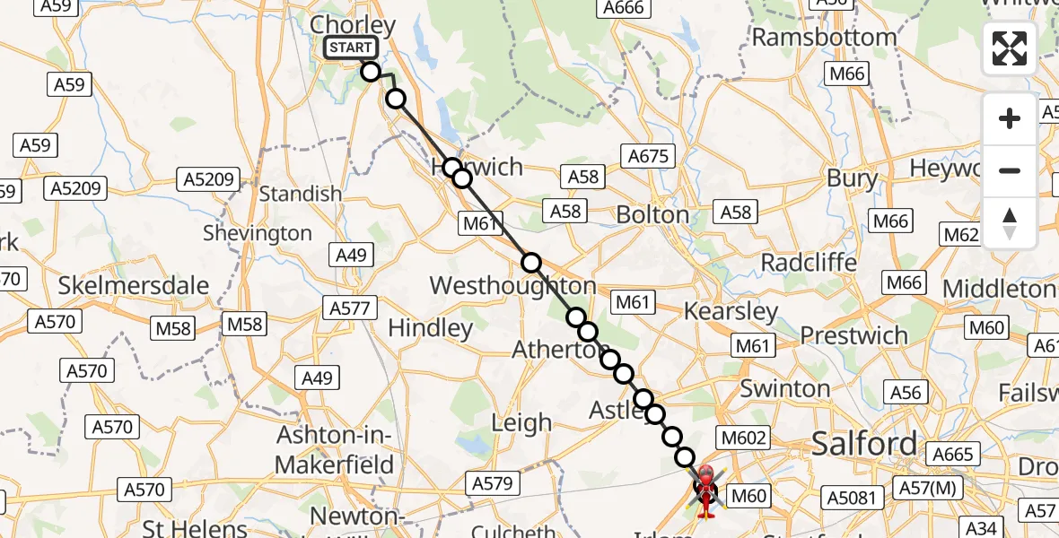 Flight route map: Air Ambulance Helicopter to Irlam, Liverpool Road