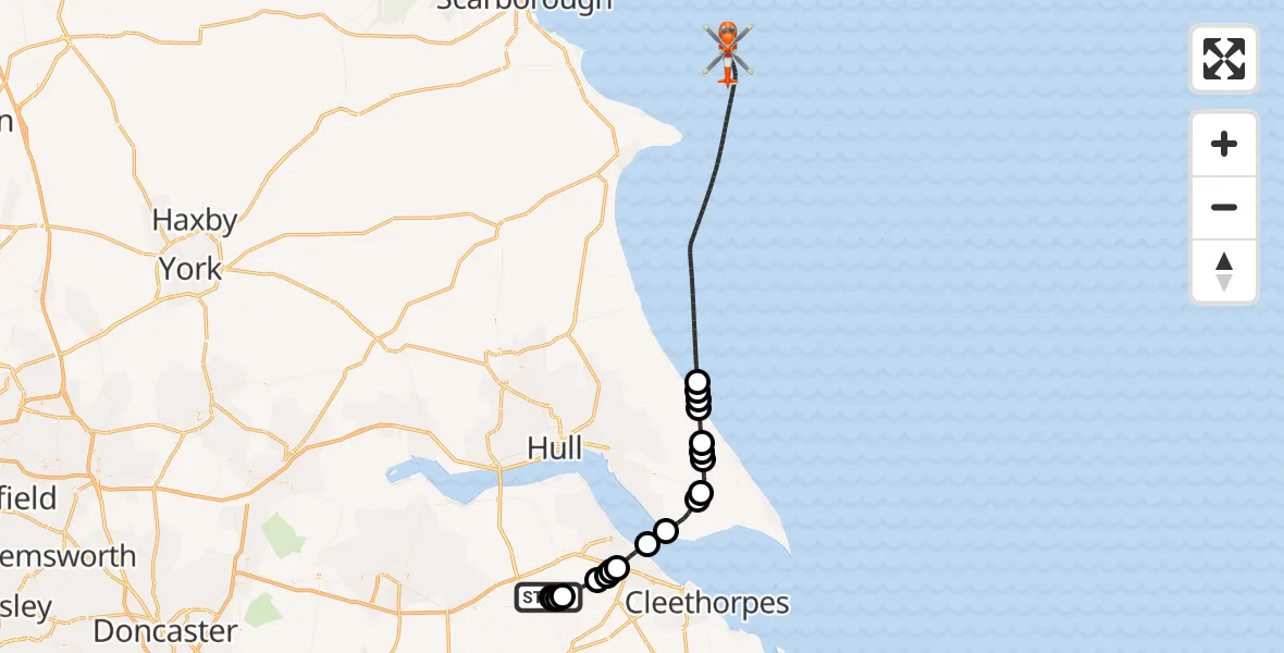 Flight route map: Coastguard Helicopter to North Sea, North Sea
