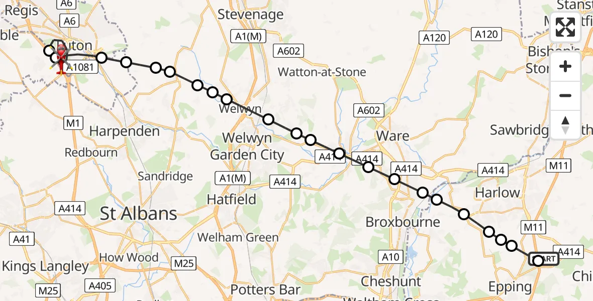 Flight route map: Air Ambulance Helicopter to Luton, Farley Hill