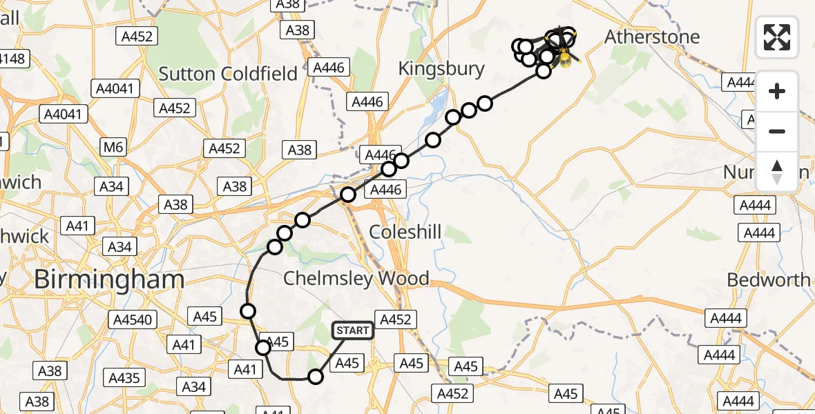 Flight route map: Police Helicopter to Baxterley CP, Main Road