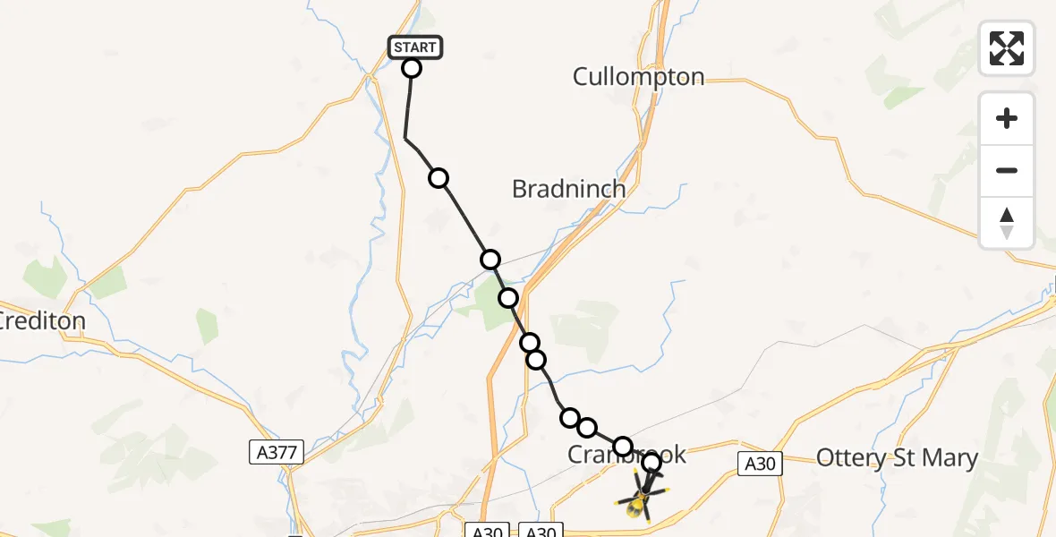 Flight route map: Police Helicopter to Rockbeare, Silver Lane