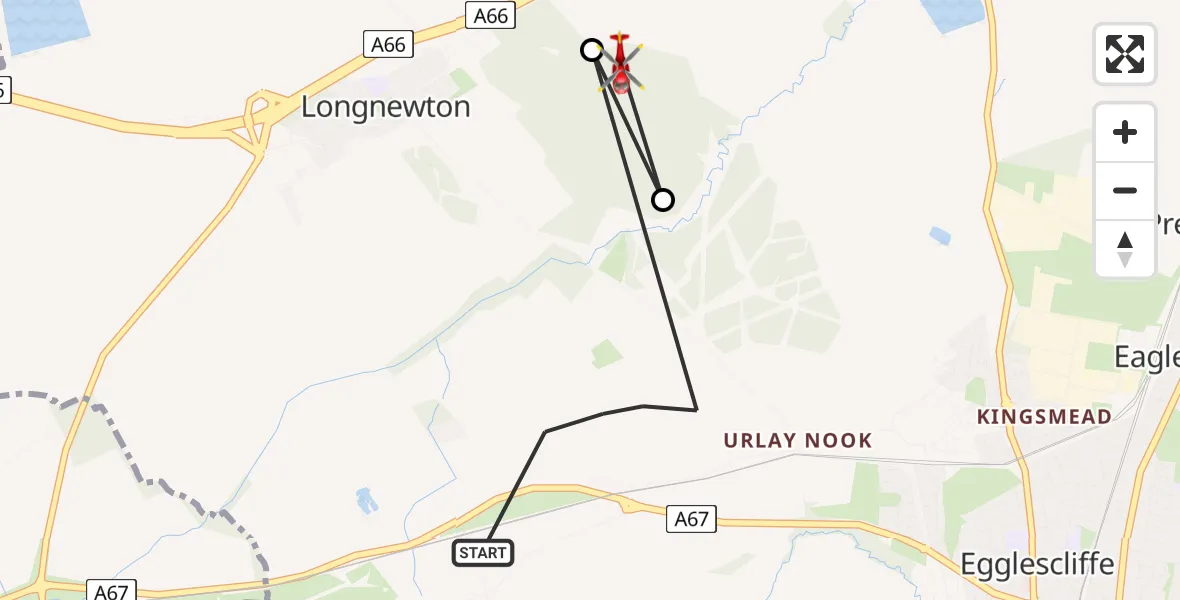 Flight route map: Air Ambulance Helicopter to Elton, Coatham Lane
