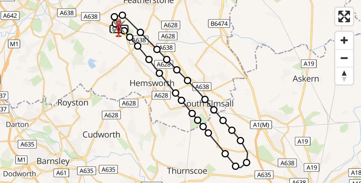 Flight path map showing Air Ambulance Helicopter route from YAA Nostell Helicopter Port to YAA Nostell Helicopter Port