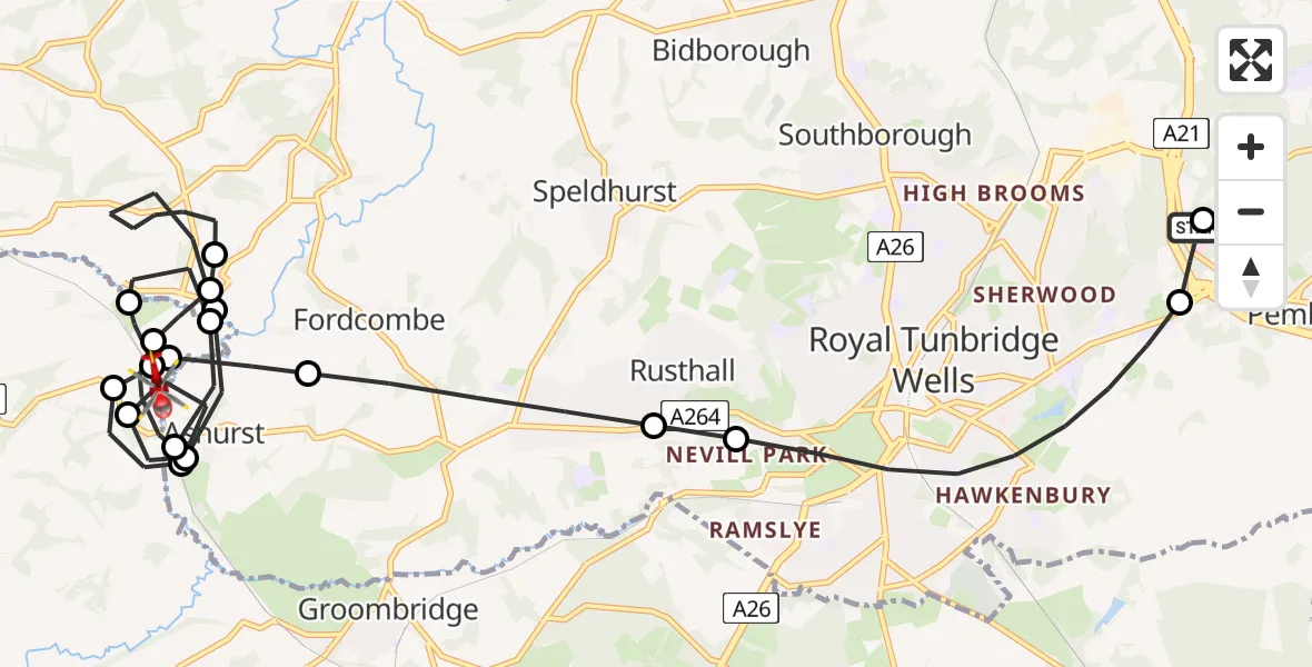 Flight route map: Air Ambulance Helicopter to Speldhurst, Ashurst Hill
