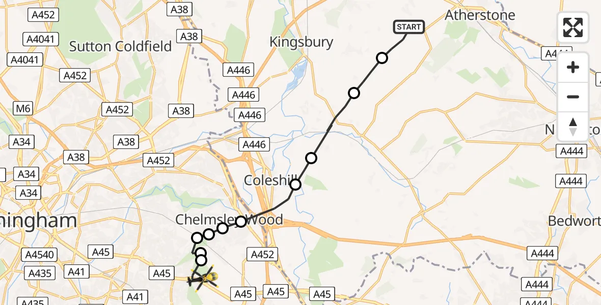 Flight route map: Police Helicopter to Birmingham Airport, Birmingham Airport