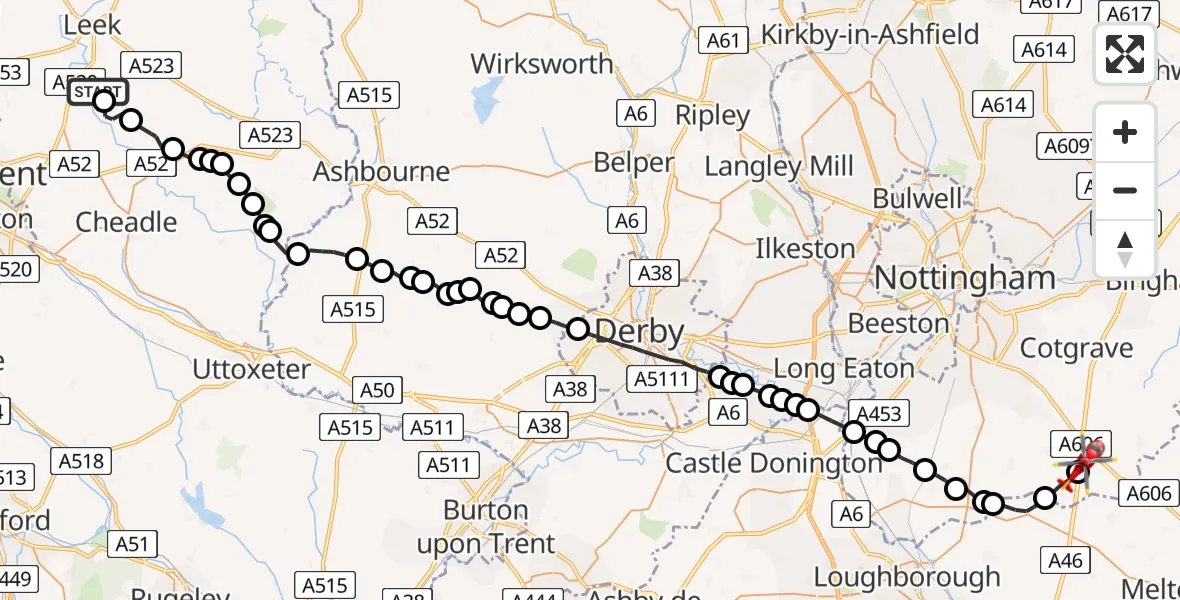 Routekaart van de vlucht: Air Ambulance Helicopter to Nottingham Heliport, Nottingham Heliport