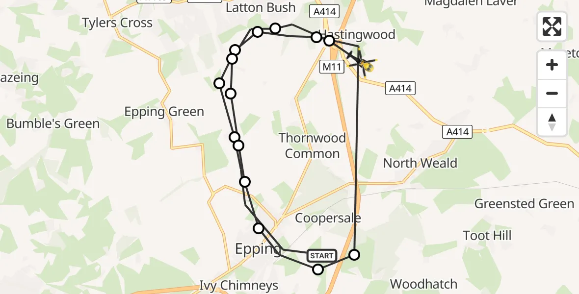 Flight route map: Police Helicopter to North Weald Bassett, Canes Lane