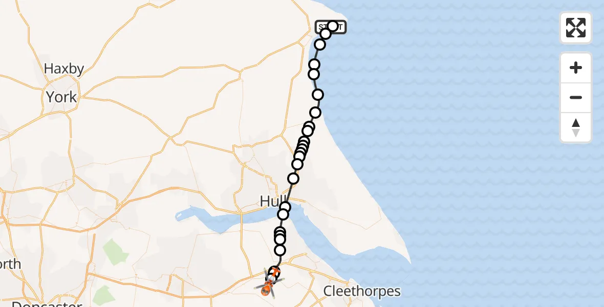 Flight route map: Coastguard Helicopter to Humberside Airport, Humberside Airport