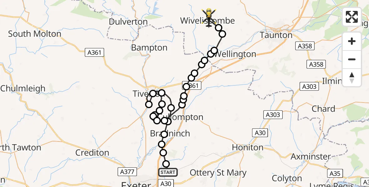 Flight route map: Police Helicopter to Wiveliscombe, Heathstock Hill