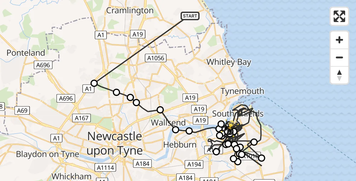 Routekaart van de vlucht: Police Helicopter to South Shields, Garwood Street Close