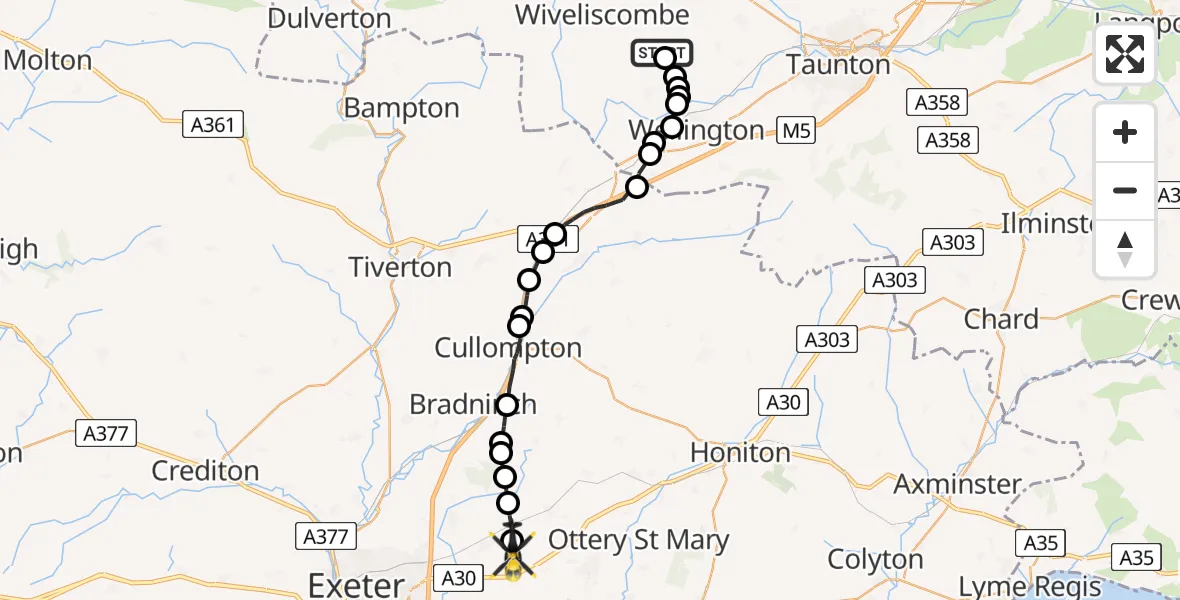 Flight route map: Police Helicopter to Rockbeare, Rockbeare