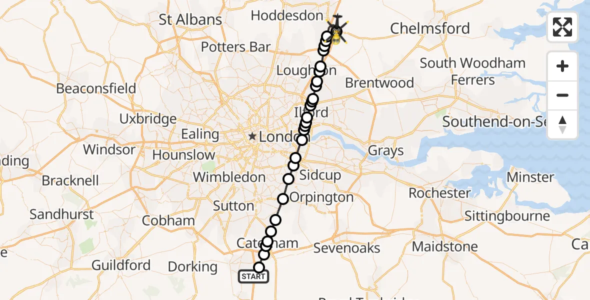 Flight route map: Police Helicopter to North Weald Bassett, Weald Hall Commercial Centre