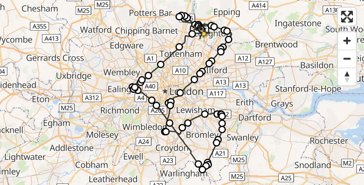 Flight route map: Police Helicopter to Sewardstonebury, Bury Road
