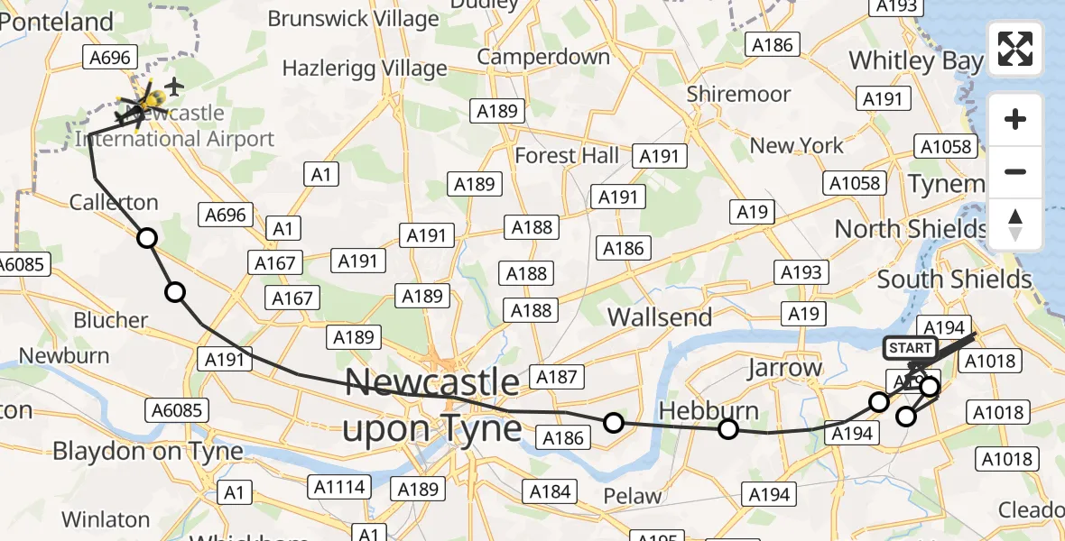 Flight route map: Police Helicopter to Callerton, A696