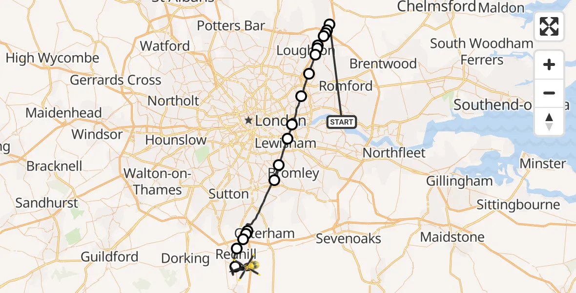 Flight route map: Police Helicopter to Redhill Aerodrome, Redhill Aerodrome