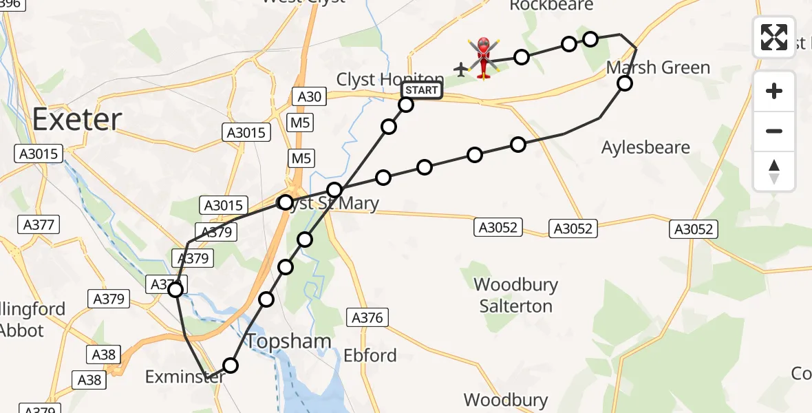 Flight path map showing Air Ambulance Helicopter route from Exeter International Airport to Exeter International Airport