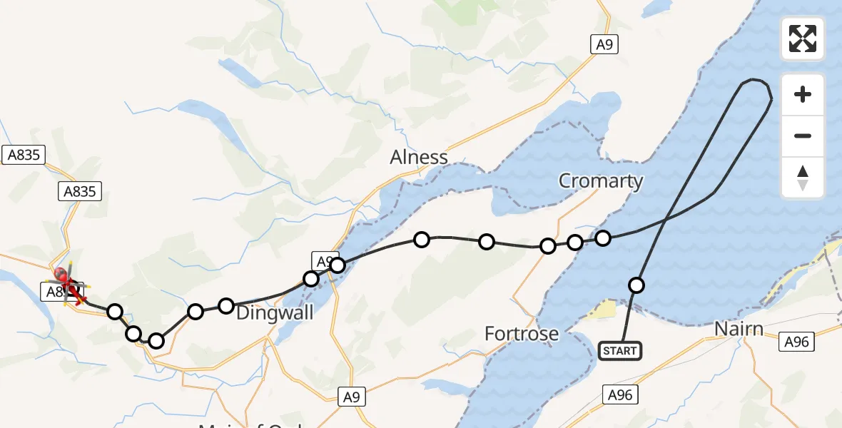 Flight route map: Air Ambulance Helicopter to Garve, Matheson Road