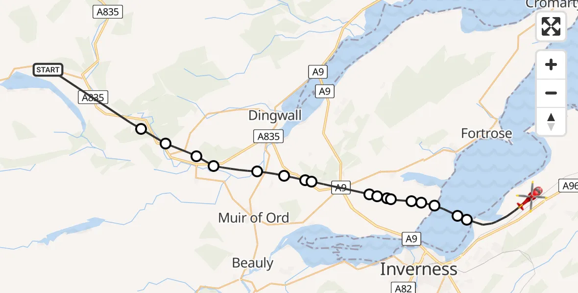 Flight route map: Air Ambulance Helicopter to Inverness, Woodend Road