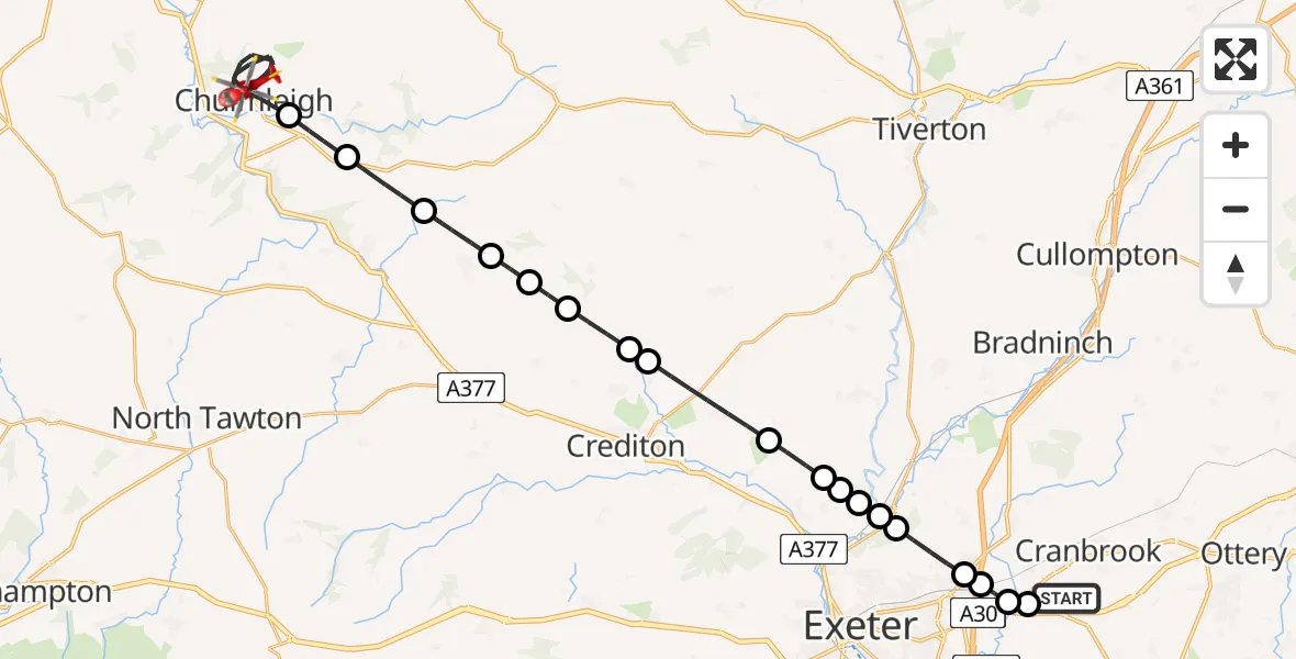 Flight route map: Air Ambulance Helicopter to Chulmleigh, Four Ways Drive